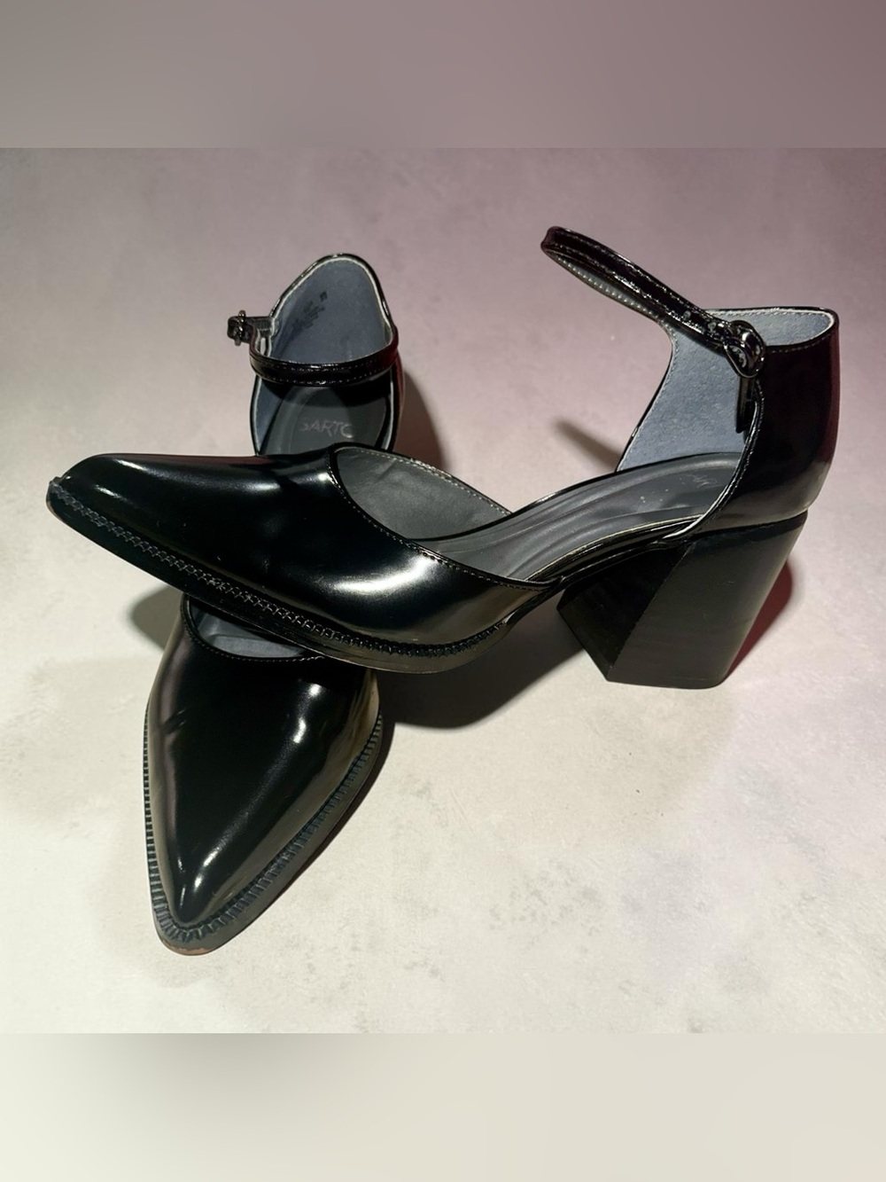 Sarto Black Patent Pointed Toe Block Heel Mary Jane - Women